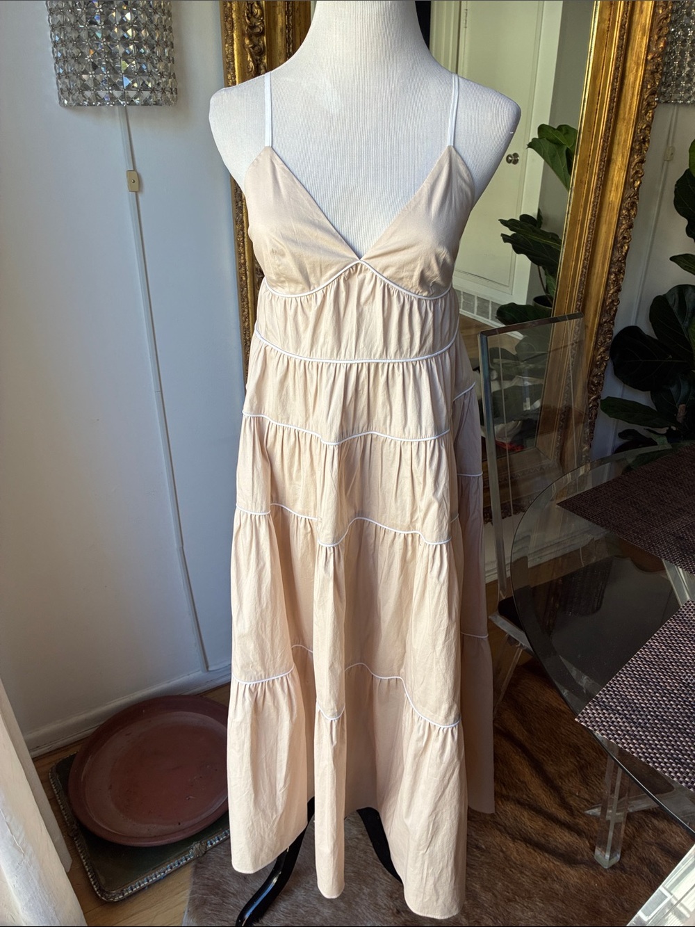 STAUD Light Beige Tiered Spaghetti-Strap Maxi Dress size small